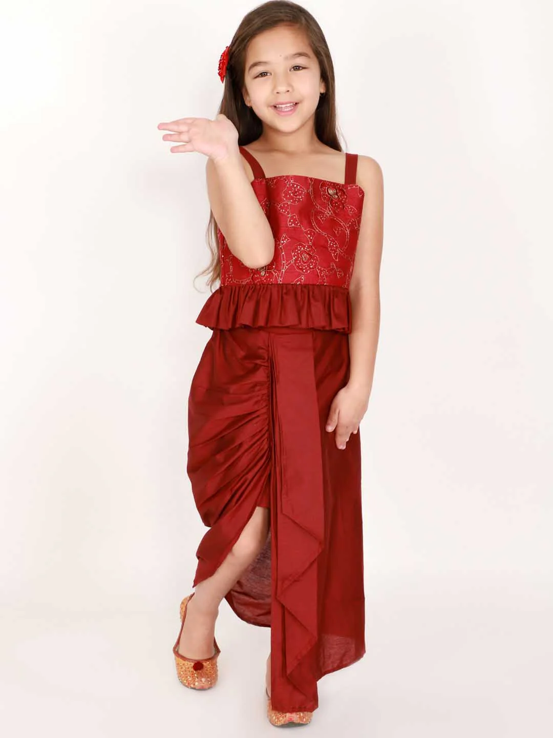 Girl's Maroon Draped Skirt With Crop Top - Image 6