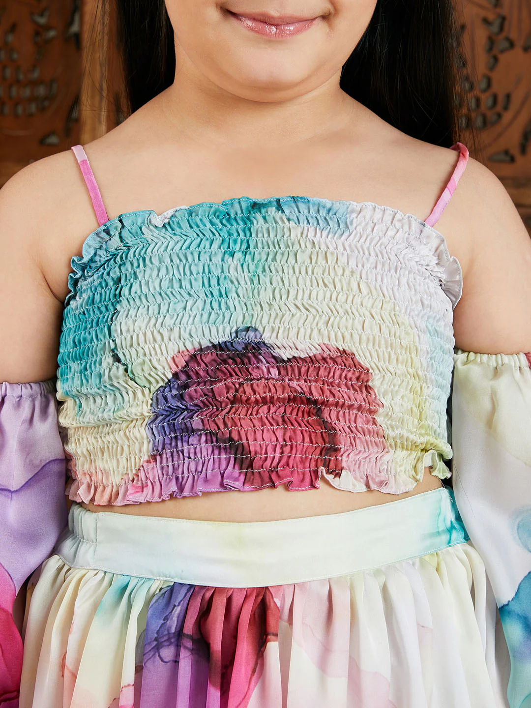 Girl's Multicolor Printed Satin Two Piece Set - Image 4