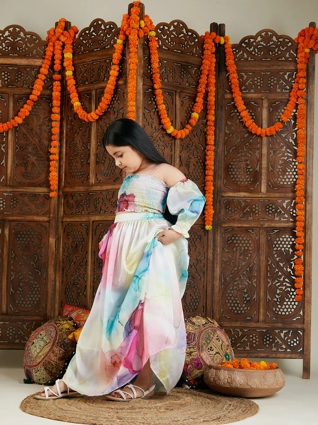 Girl's Multicolor Printed Satin Two Piece Set - Image 6