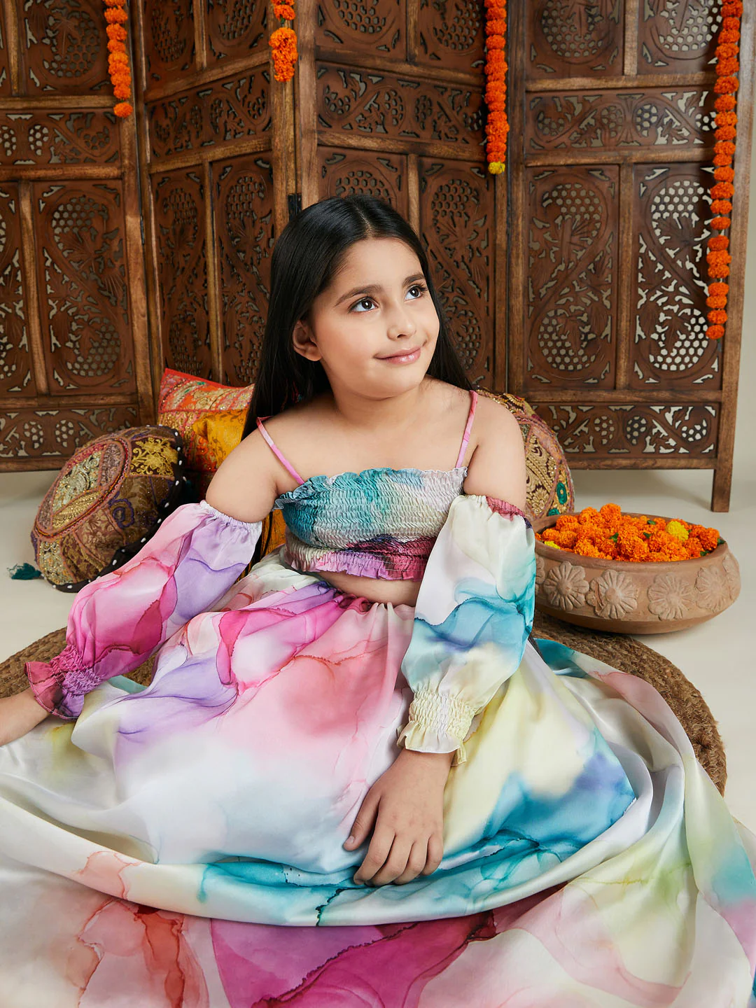 Girl's Multicolor Printed Satin Two Piece Set - Image 7