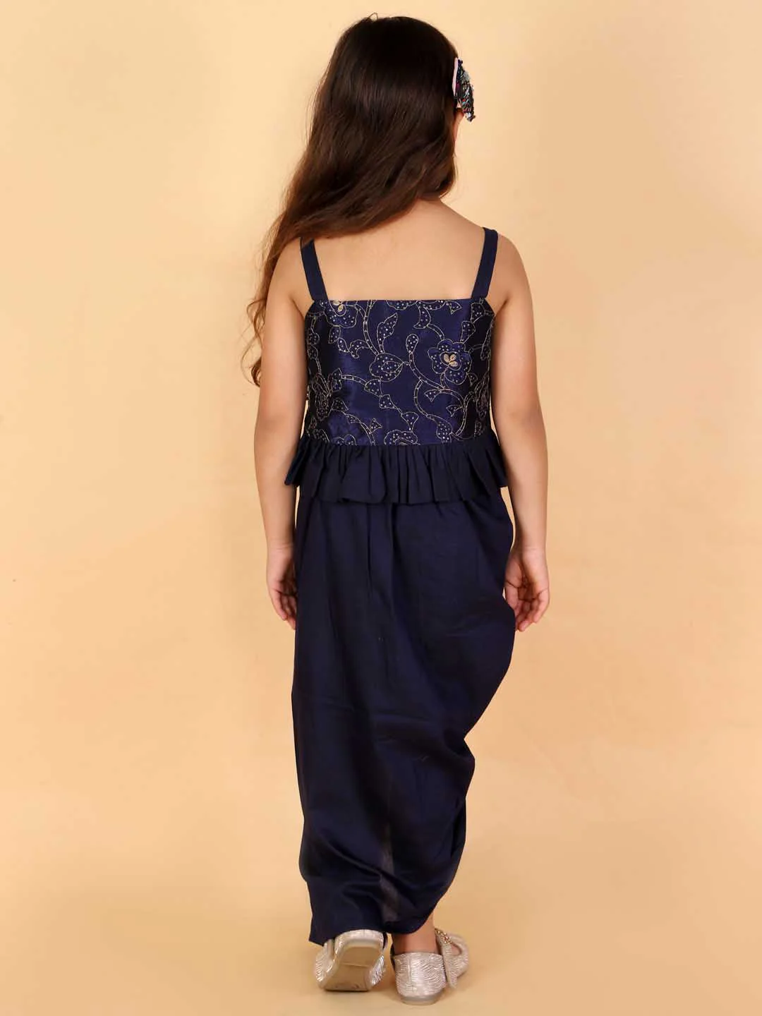 Girl's Navy Blue Draped Skirt With Crop Top - Image 3