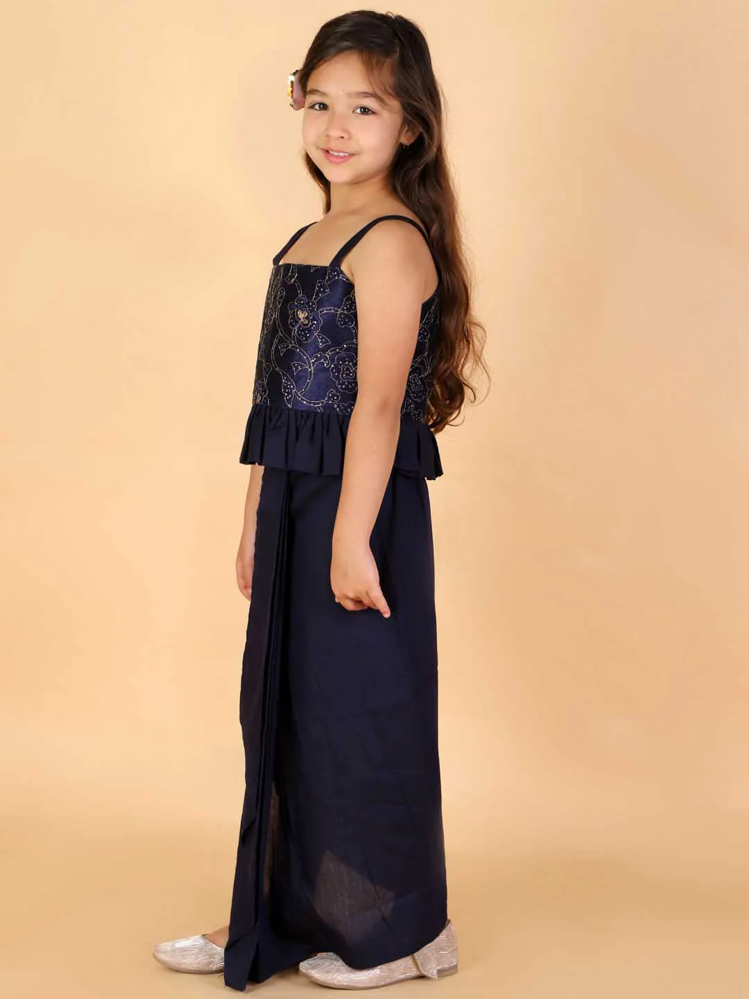 Girl's Navy Blue Draped Skirt With Crop Top - Image 4