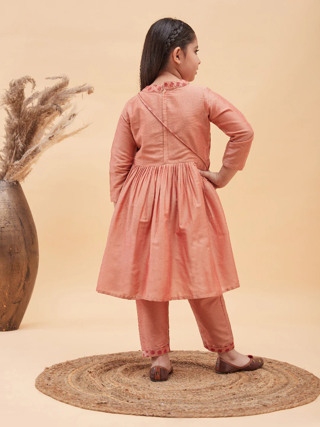 Girl's Pink Anarkali Kurta Pyjama Set With Potli Bag - Image 3