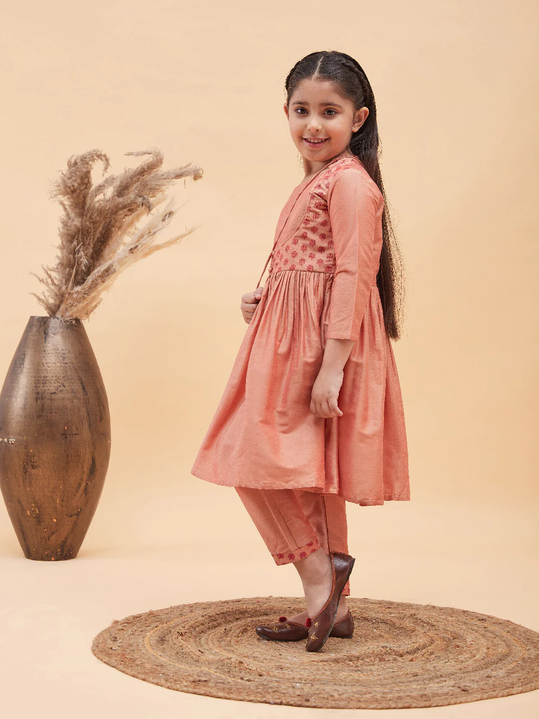 Girl's Pink Anarkali Kurta Pyjama Set With Potli Bag - Image 6