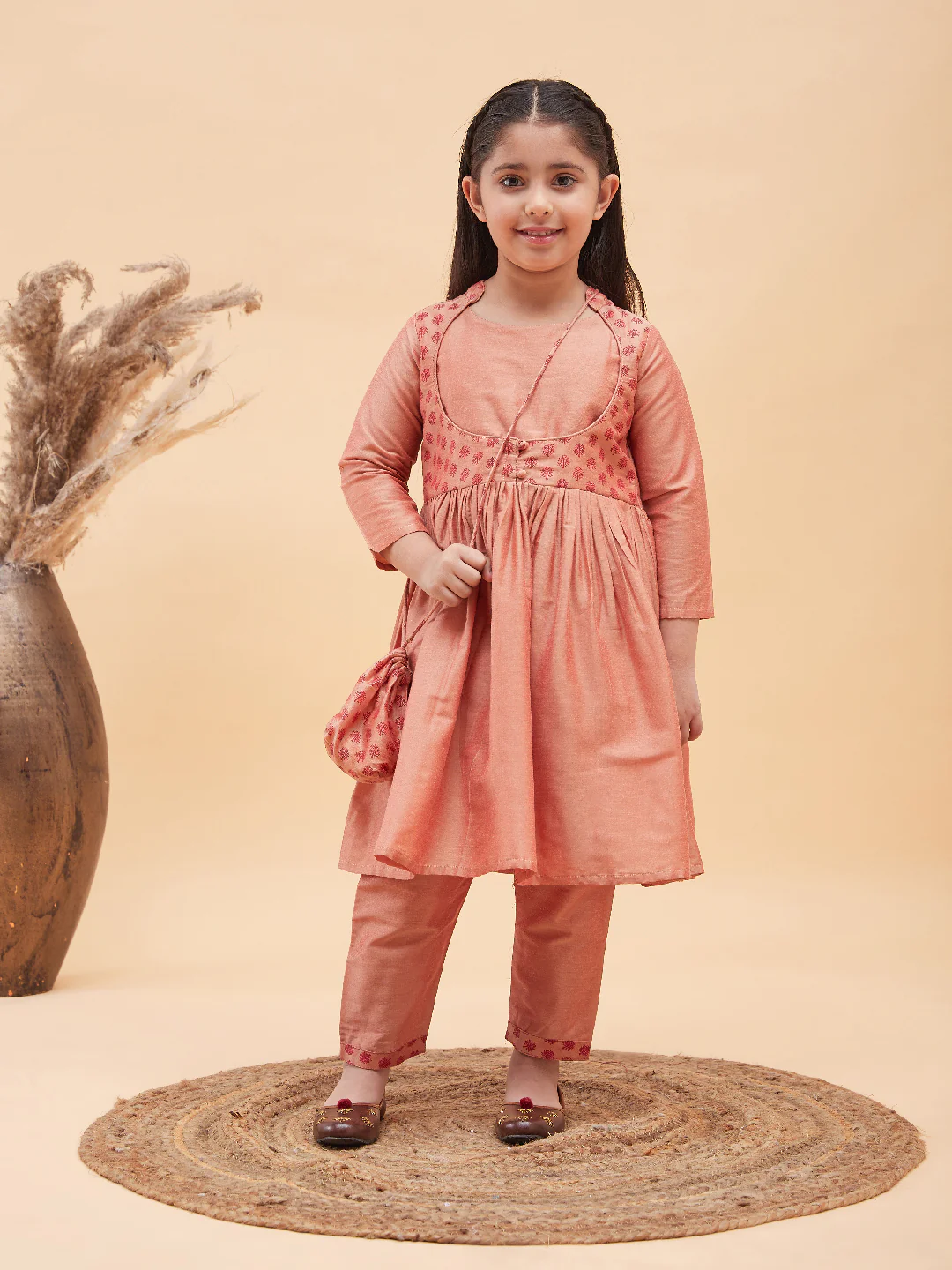 Girl's Pink Anarkali Kurta Pyjama Set With Potli Bag - Image 7
