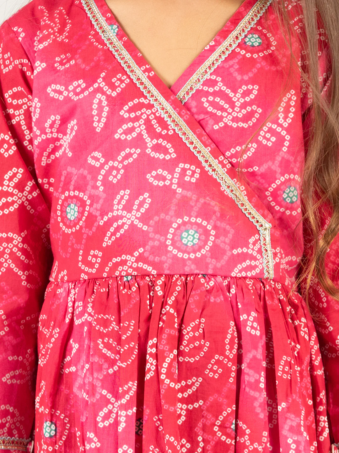 Girl's' Pink Color Bandhnai Print Angrakha Style Dress - Image 3