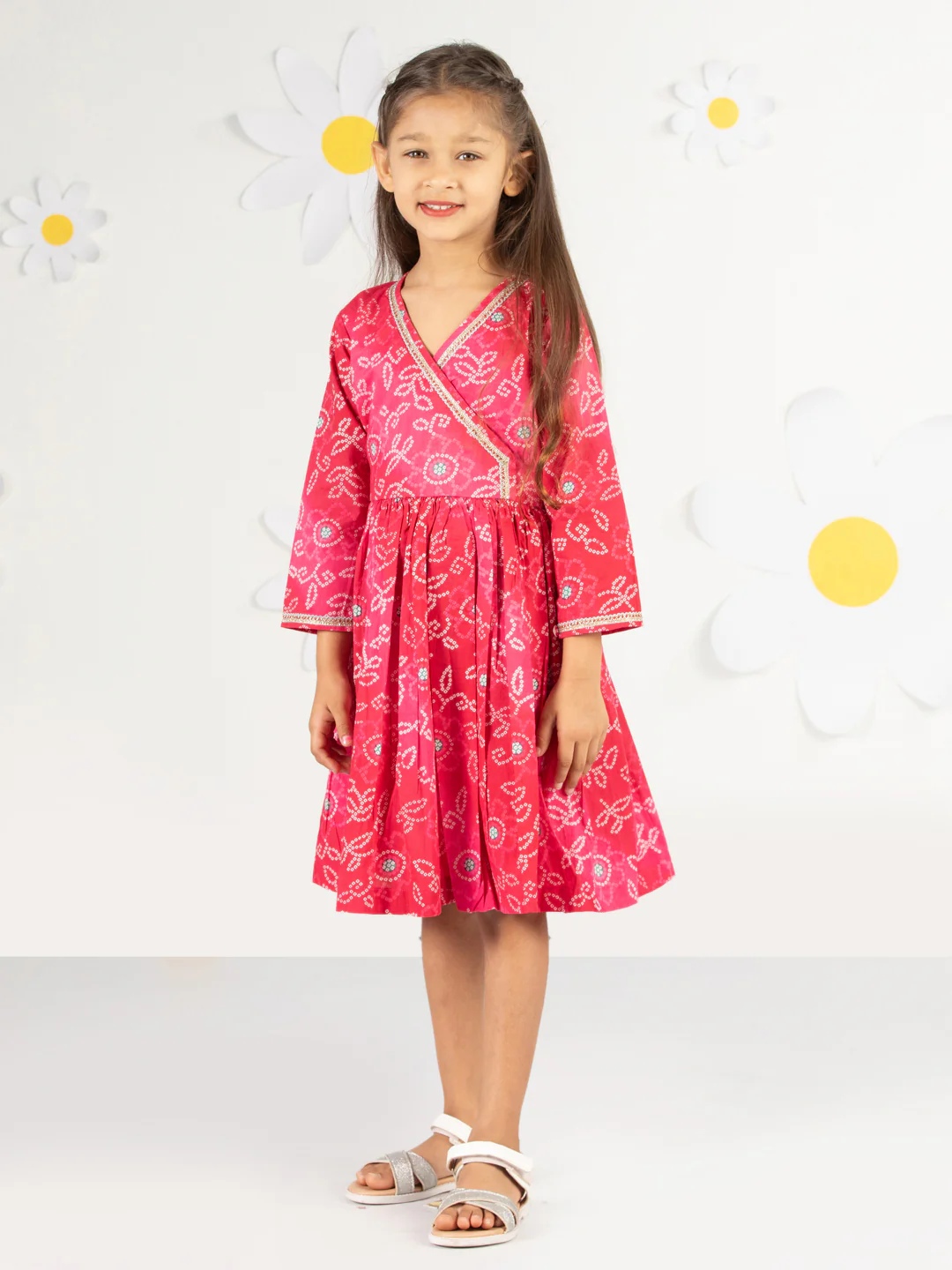 Girl's' Pink Color Bandhnai Print Angrakha Style Dress - Image 4