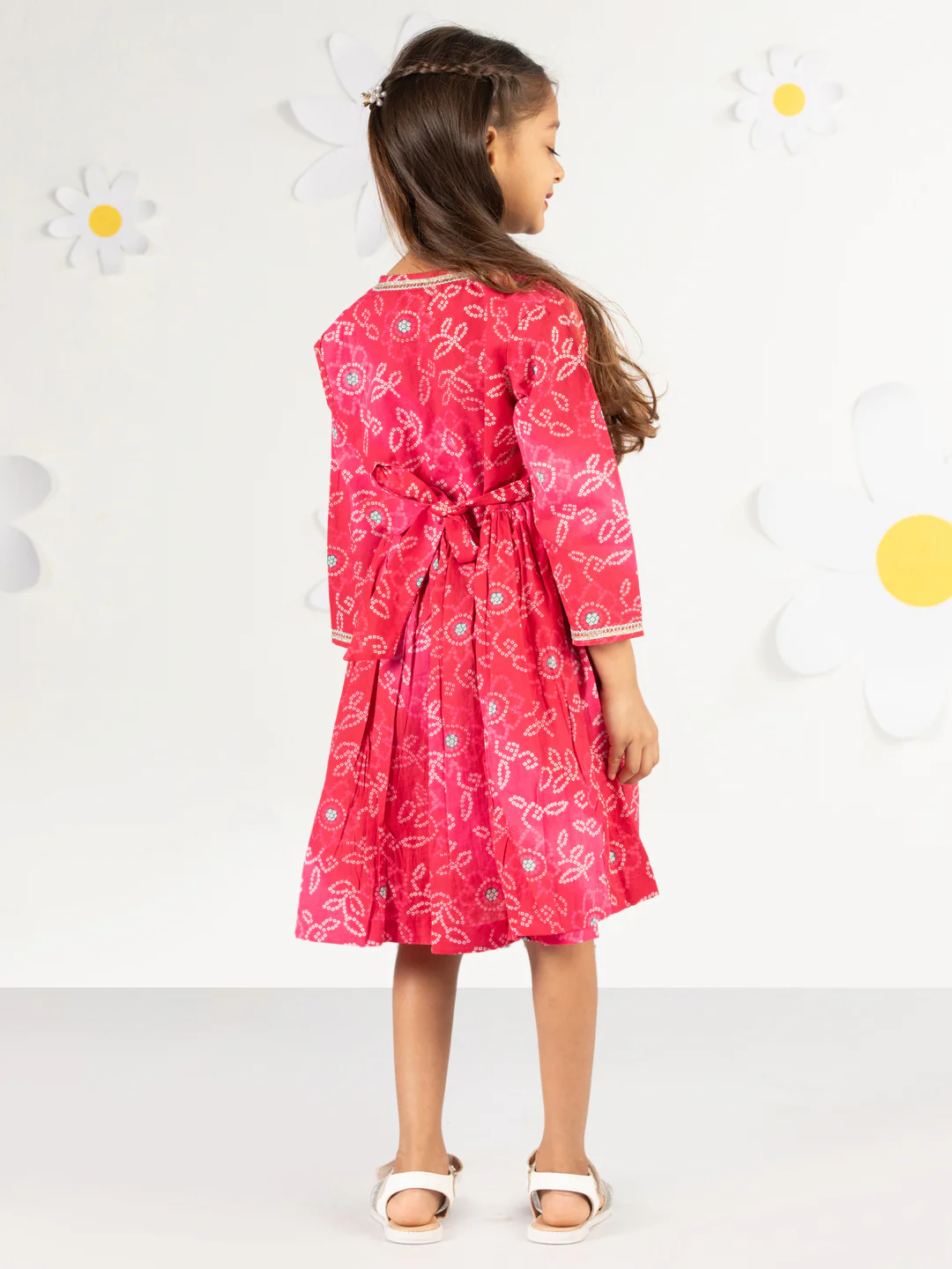 Girl's' Pink Color Bandhnai Print Angrakha Style Dress - Image 5