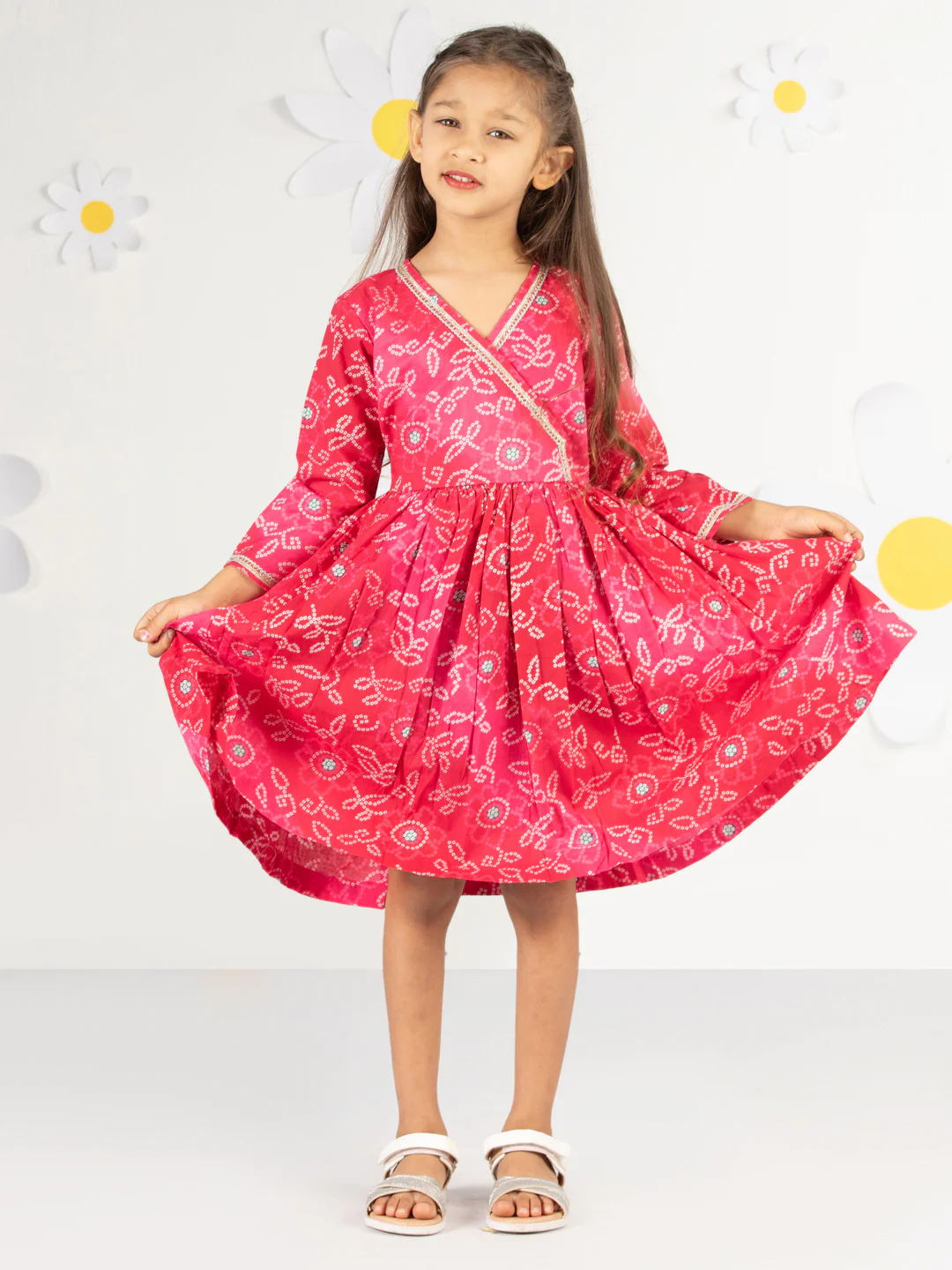 Girl's' Pink Color Bandhnai Print Angrakha Style Dress - Image 6