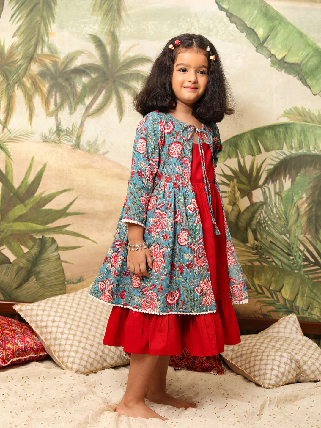 Girl's Red And Blue Anarkali Dress - Image 3