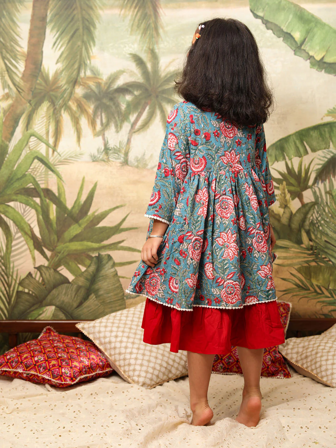 Girl's Red And Blue Anarkali Dress - Image 4