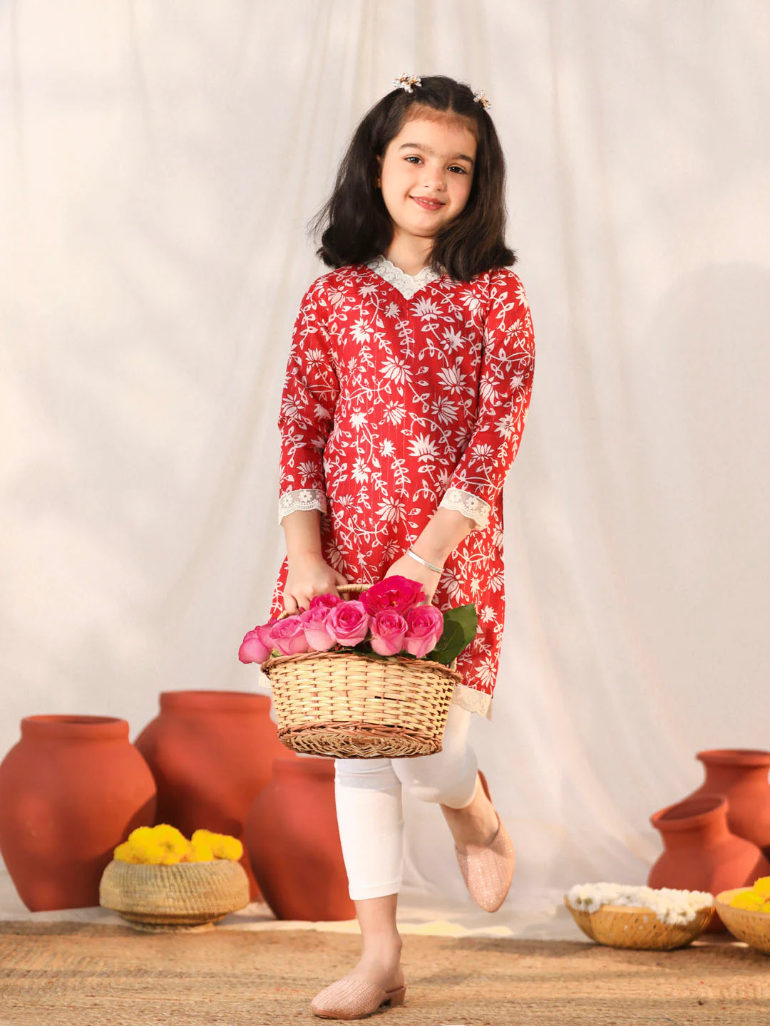 Girl's' Red Only Kurta - Image 5
