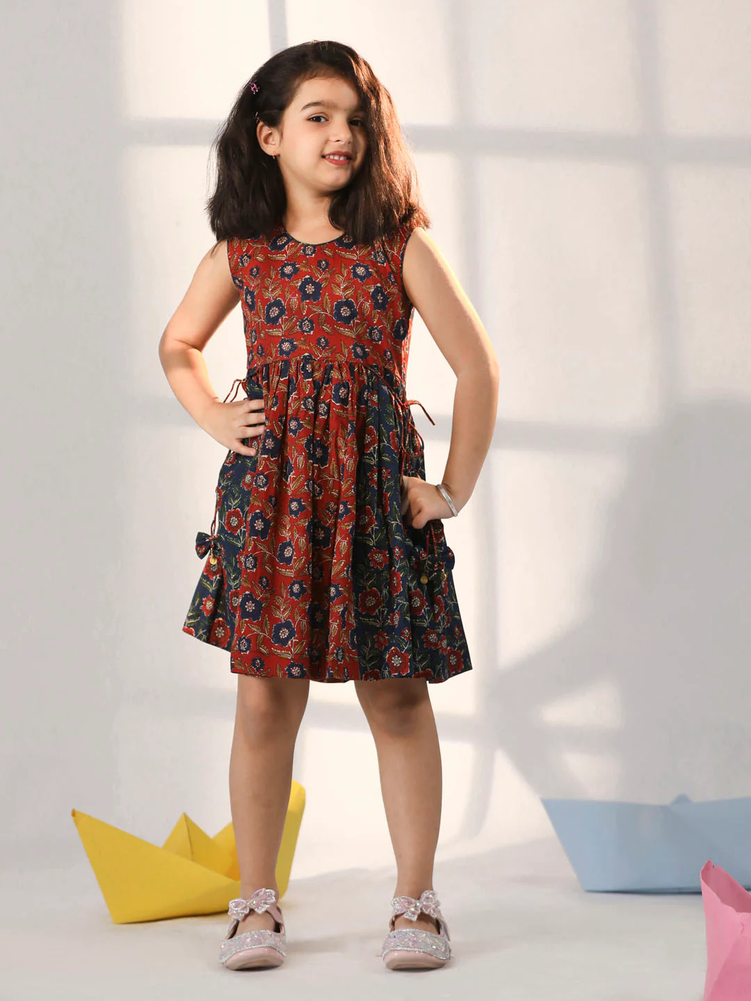 Girl's' Rust And Navy Blue Dress - Image 5