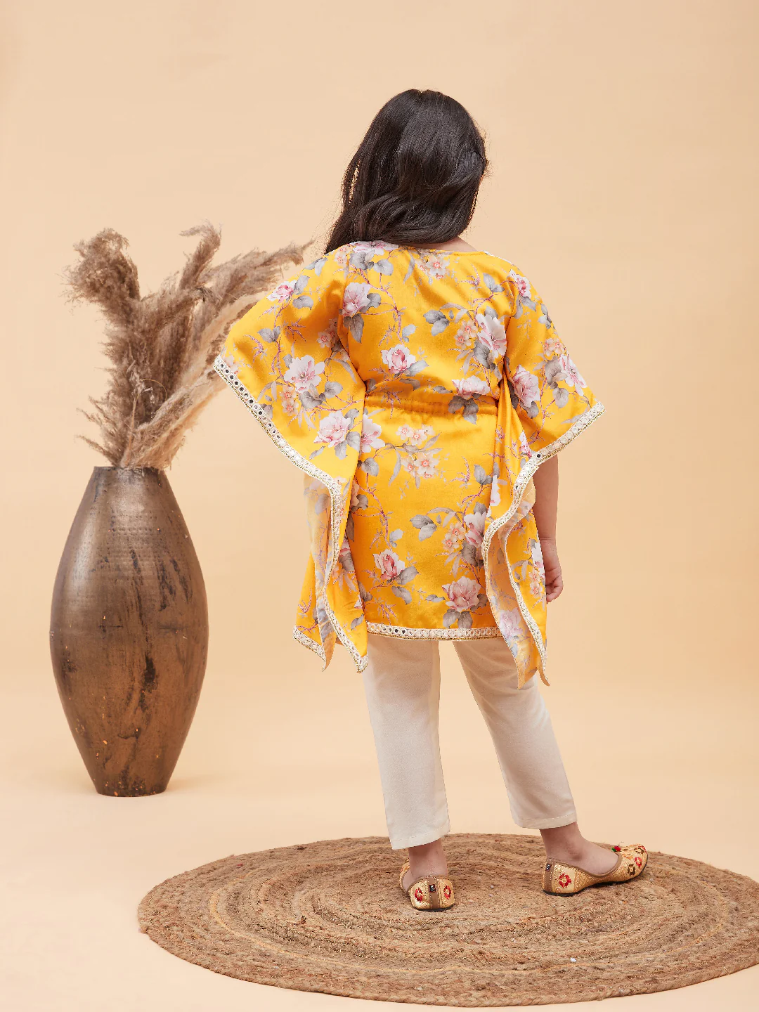 Girl's Yellow Floral Printed Kaftan Kurta With Cream Pant Set - Image 3