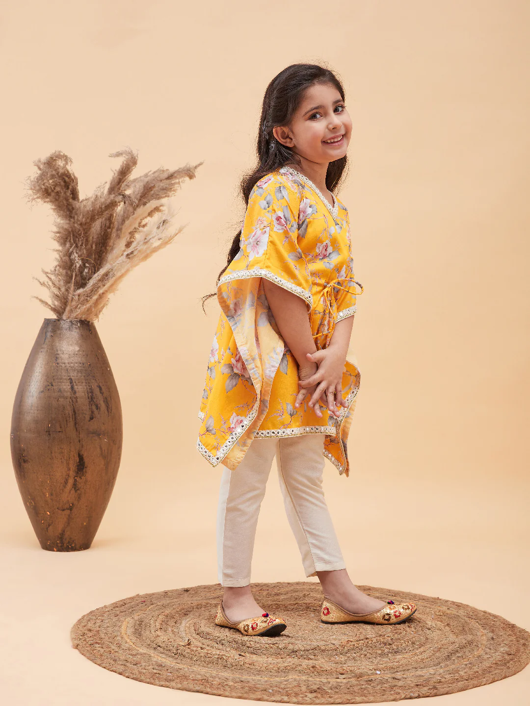 Girl's Yellow Floral Printed Kaftan Kurta With Cream Pant Set - Image 6
