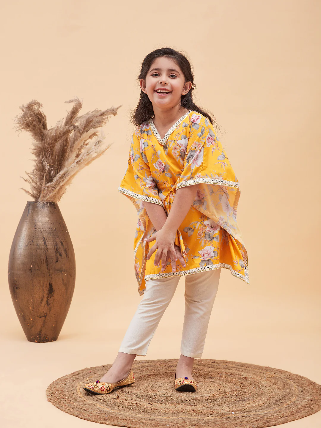 Girl's Yellow Floral Printed Kaftan Kurta With Cream Pant Set - Image 7
