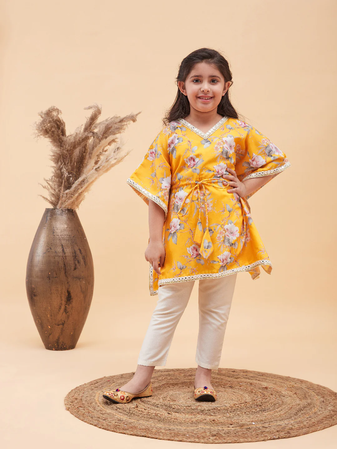 Girl's Yellow Floral Printed Kaftan Kurta With Cream Pant Set - Image 8