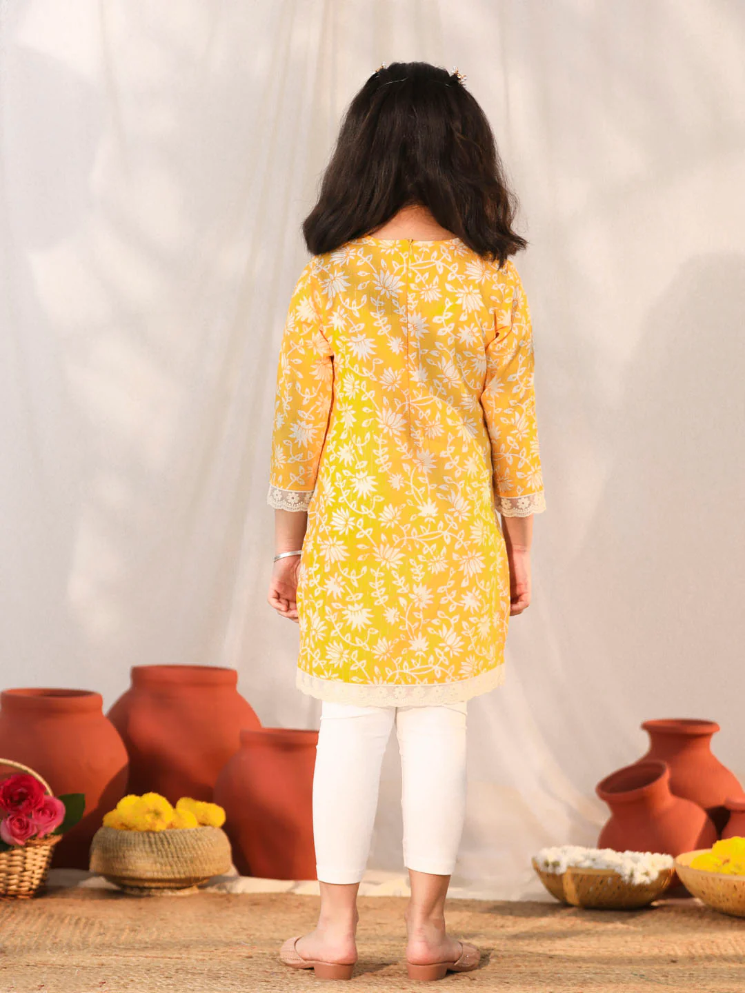 Girl's' Yellow Kurta Leggings Set - Image 3