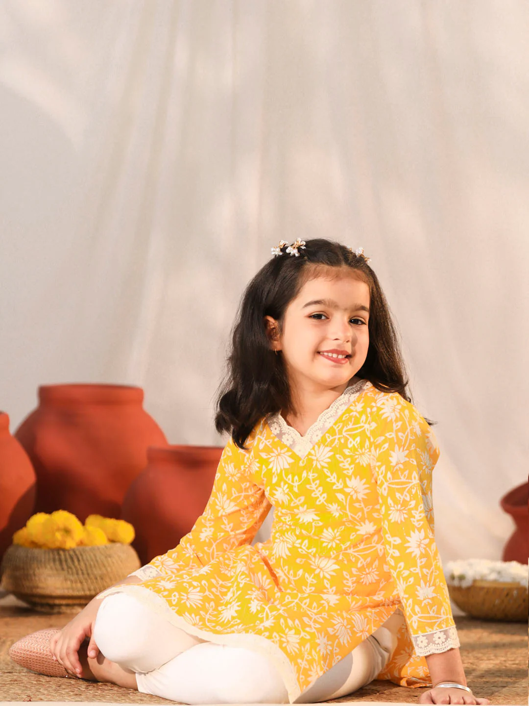 Girl's' Yellow Kurta Leggings Set - Image 6