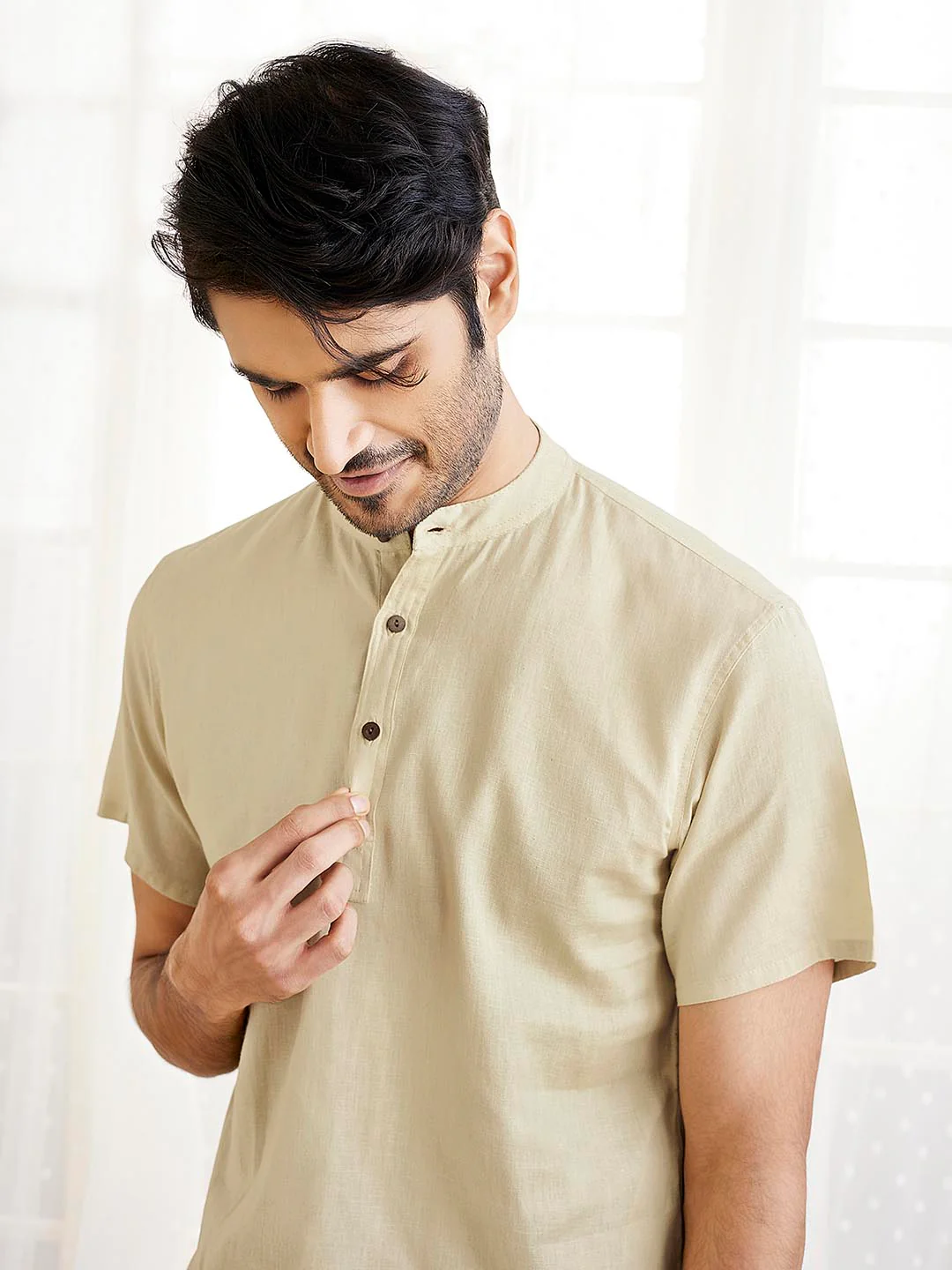Men's Beige Cotton Short Kurta - Image 4