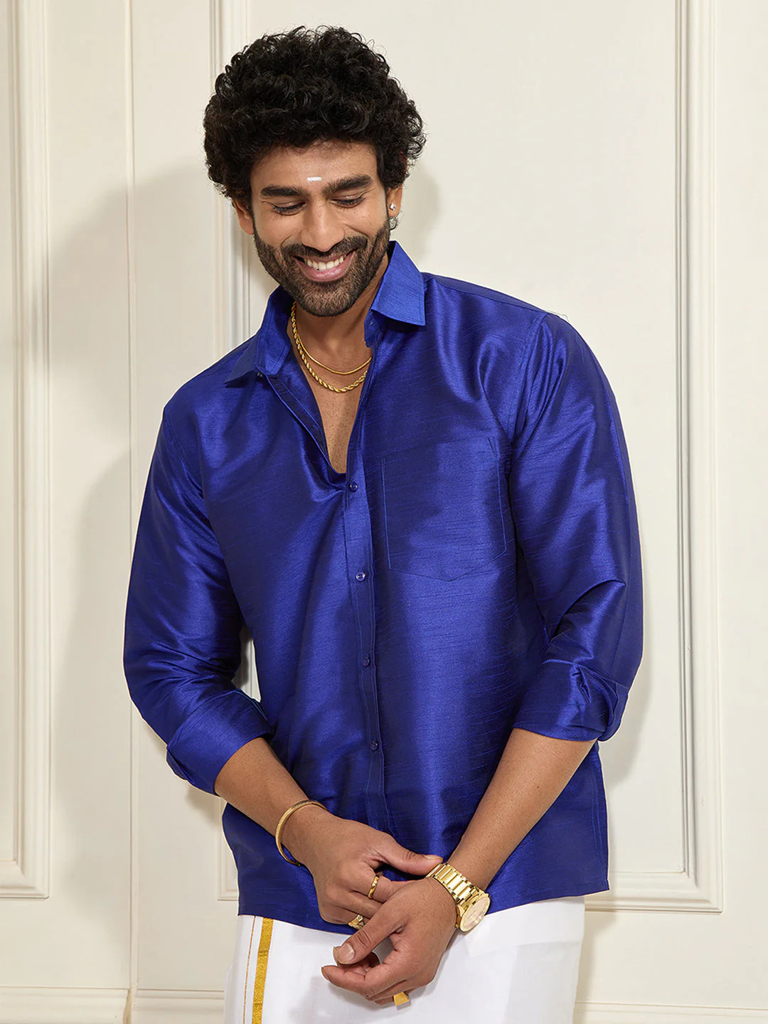Men's Blue Silk Blend Ethnic Shirt - Image 3