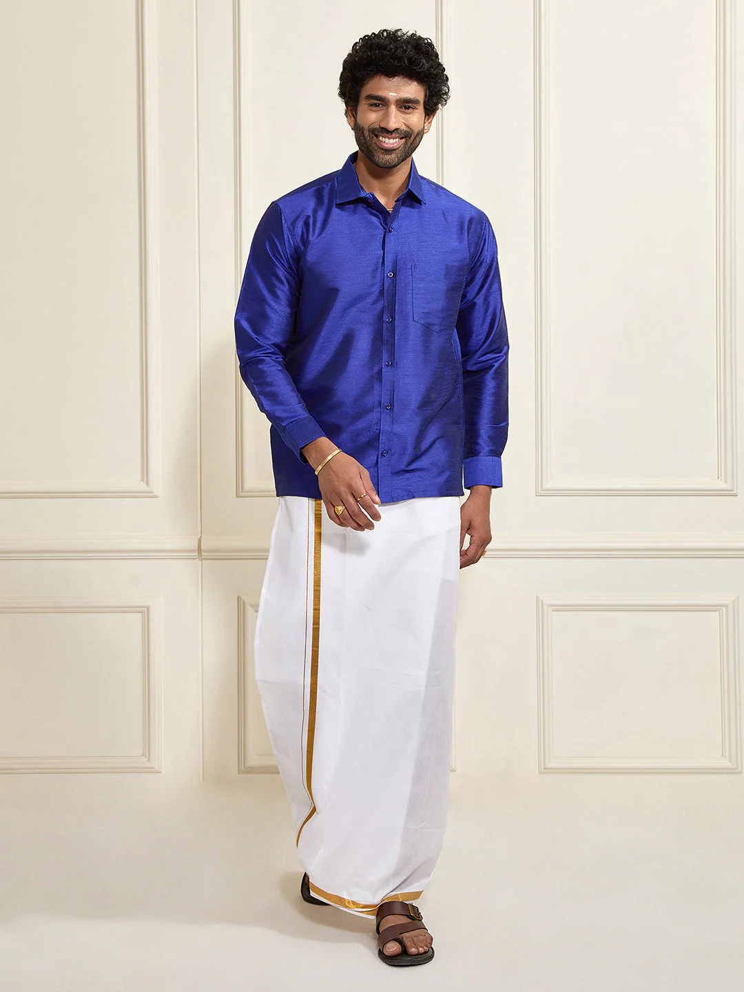 Men's Blue Silk Blend Ethnic Shirt - Image 4