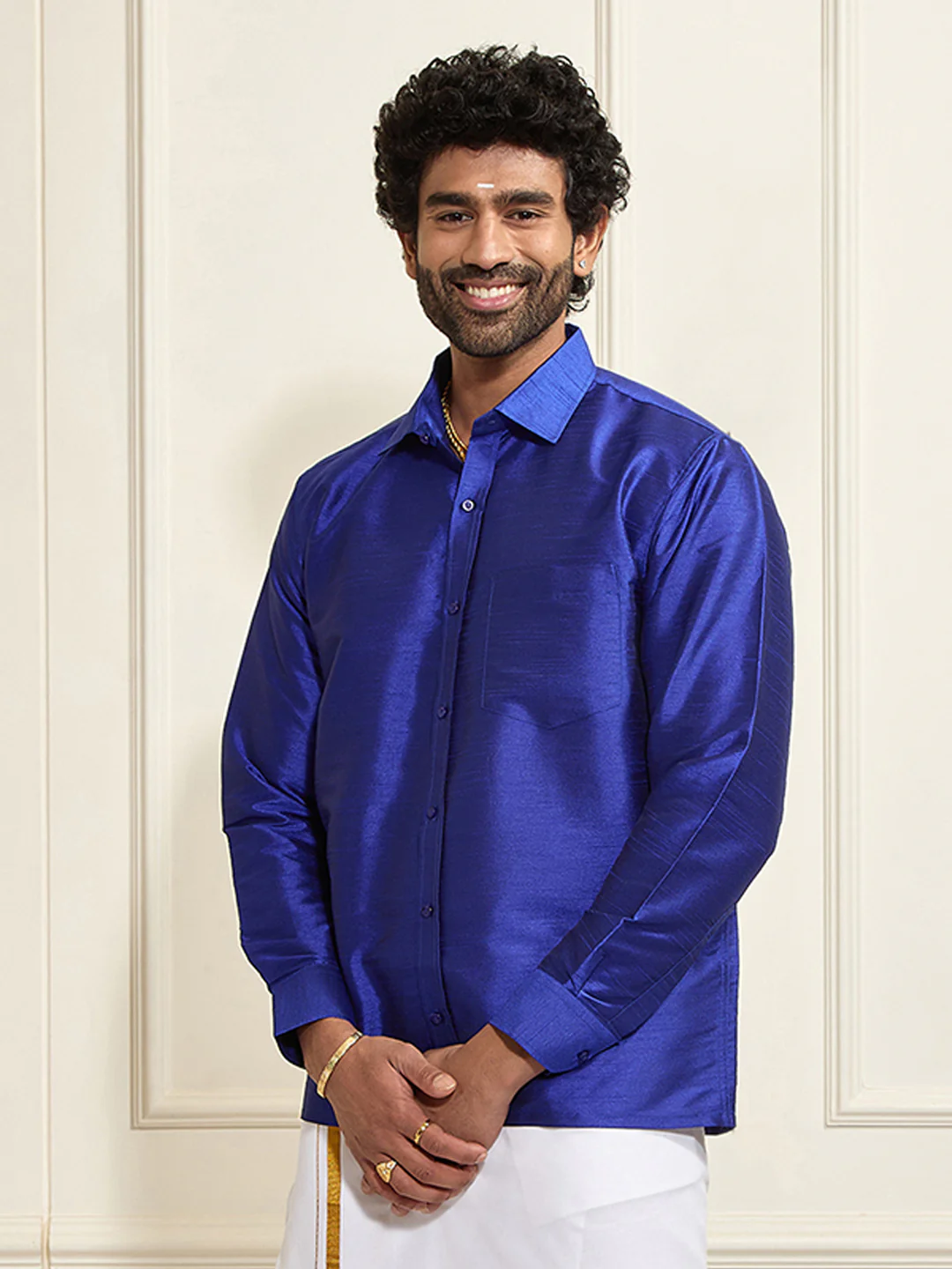 Men's Blue Silk Blend Ethnic Shirt - Image 5