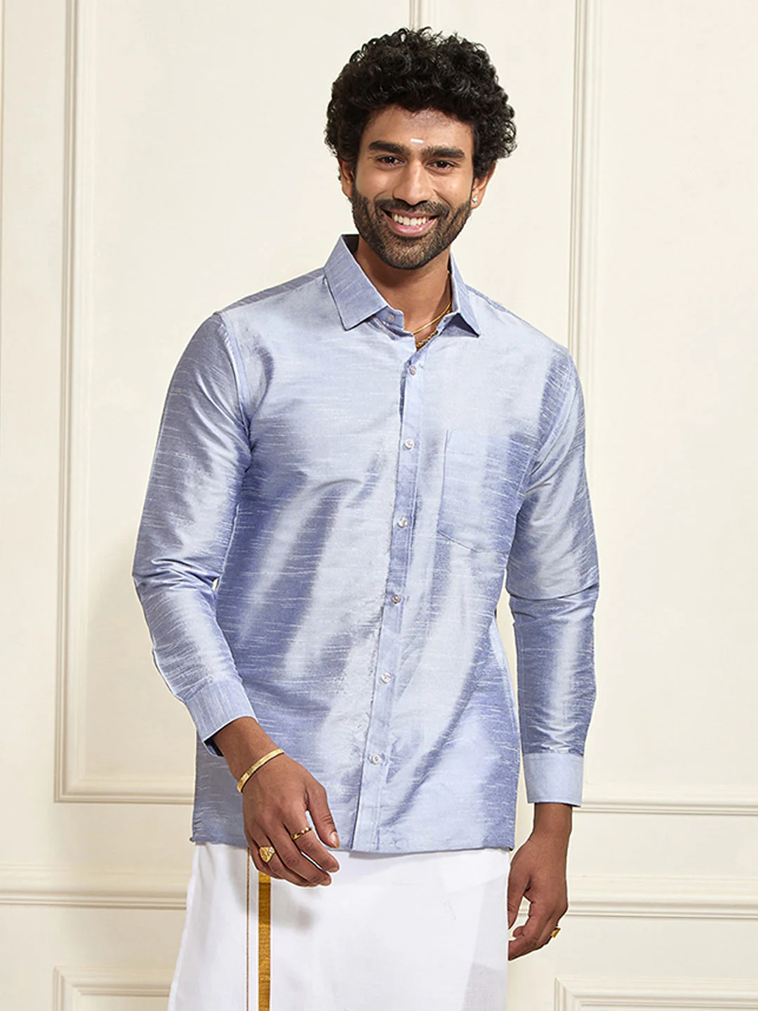 Men's Light Blue Silk Blend Ethnic Shirt - Image 10