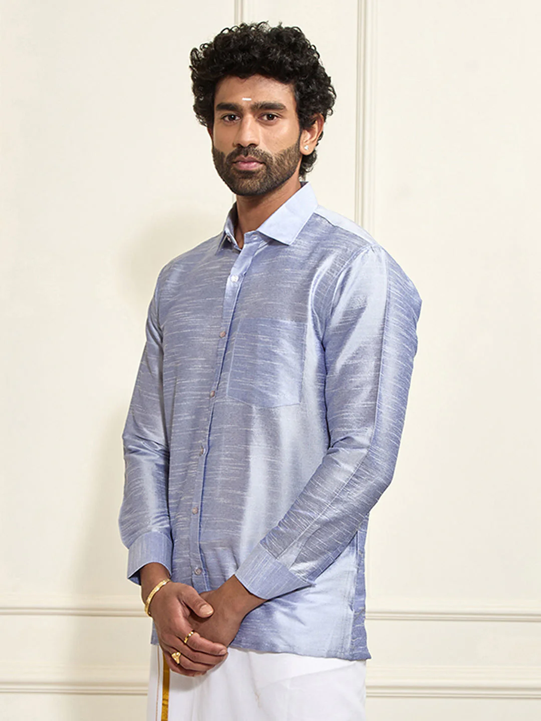 Men's Light Blue Silk Blend Ethnic Shirt - Image 11