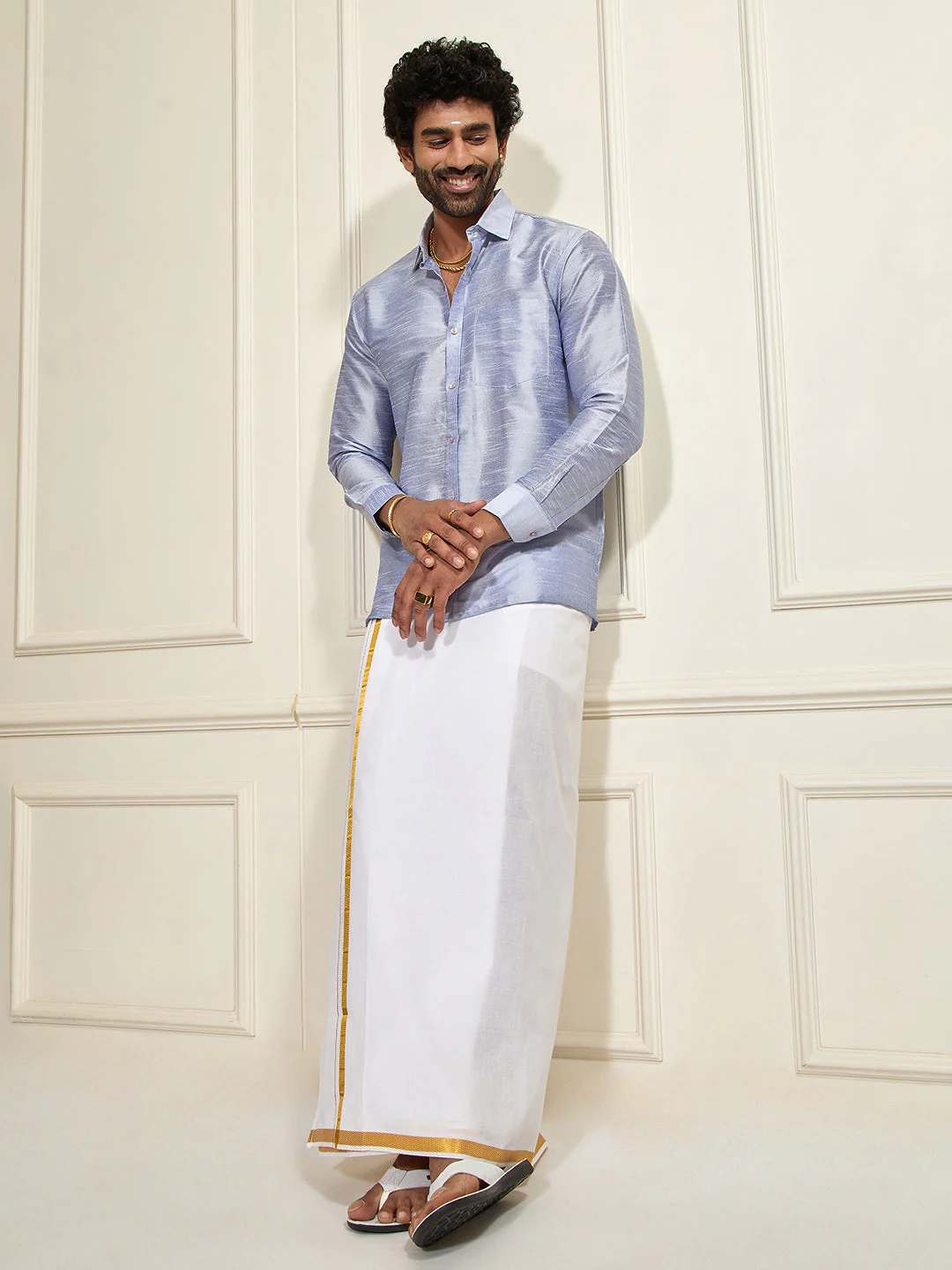 Men's Light Blue Silk Blend Ethnic Shirt - Image 3
