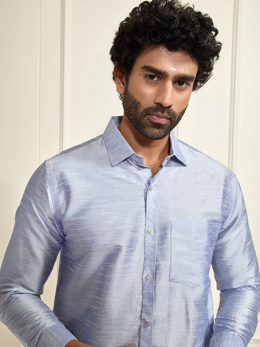 Men's Light Blue Silk Blend Ethnic Shirt - Image 4