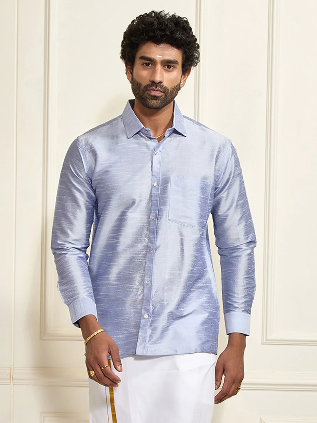 Men's Light Blue Silk Blend Ethnic Shirt - Image 7