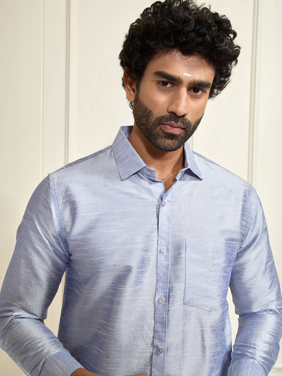 Men's Light Blue Silk Blend Ethnic Shirt - Image 9