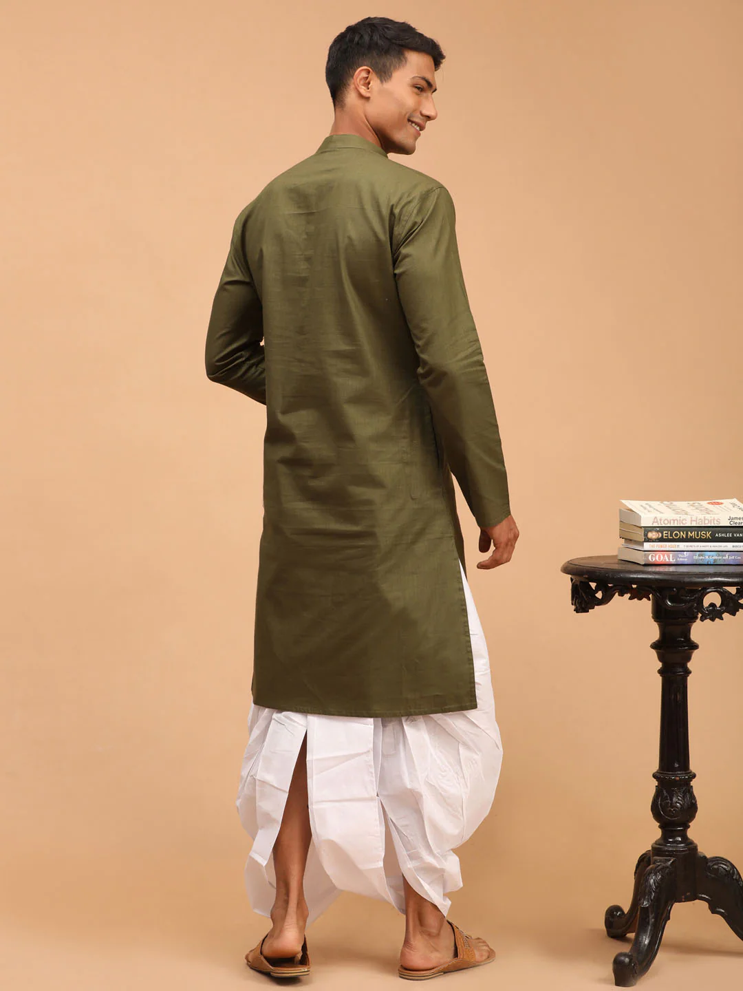 Men's Mehdi Green Solid Cotton Blend Kurta And White Dhoti Set - Image 3