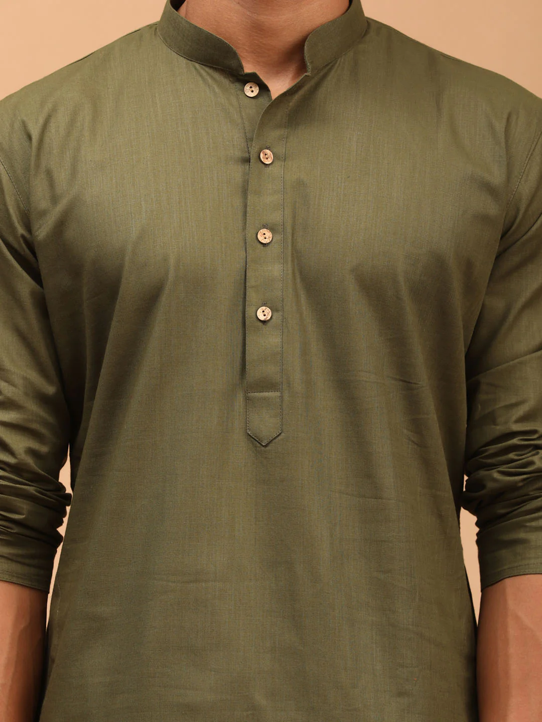 Men's Mehdi Green Solid Cotton Blend Kurta And White Dhoti Set - Image 4