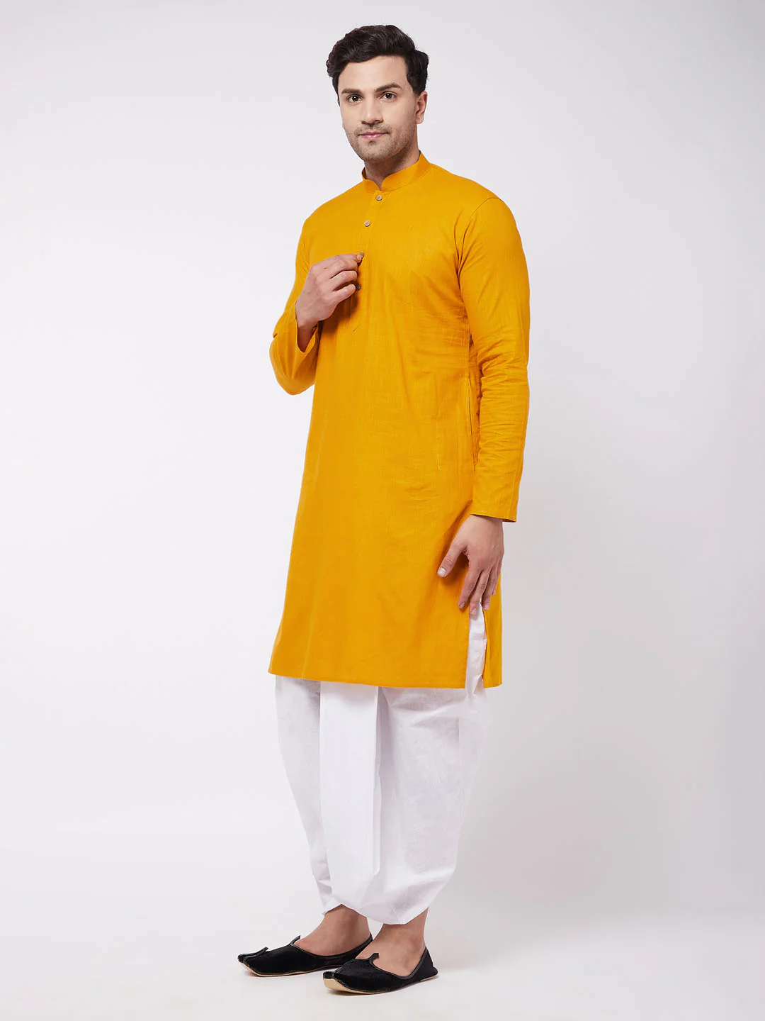 Men's Mustard And White Cotton Blend Kurta And Dhoti Set - Image 3