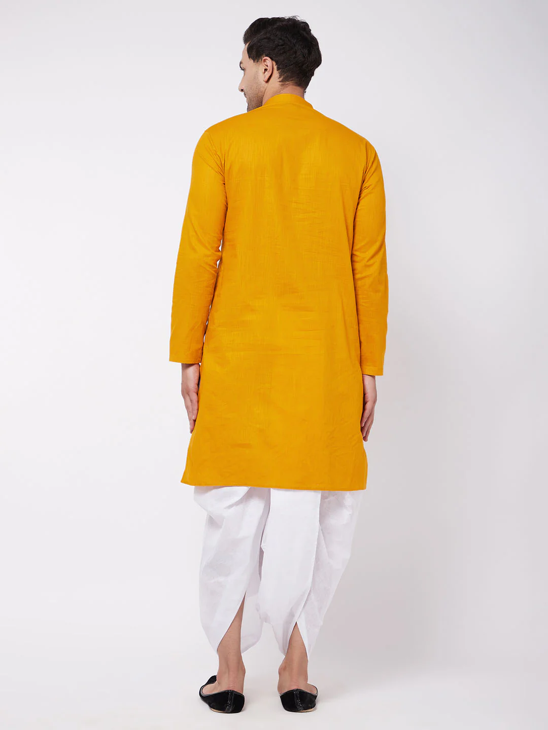 Men's Mustard And White Cotton Blend Kurta And Dhoti Set - Image 4