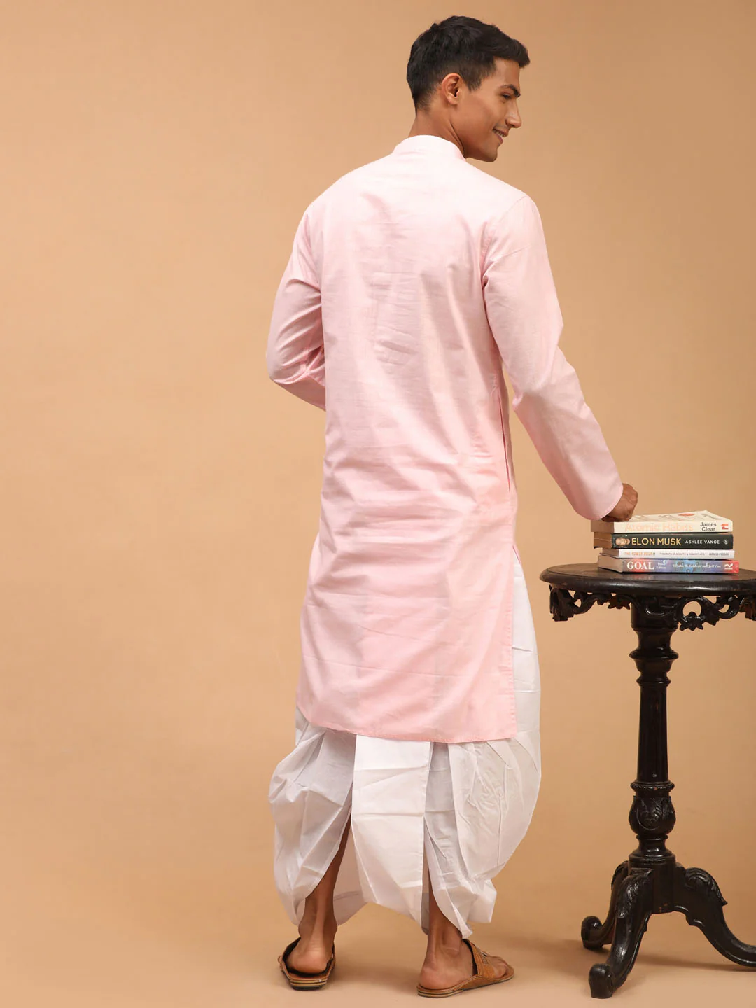Men's Pink Cotton Kurta And White Solid Dhoti Set - Image 3