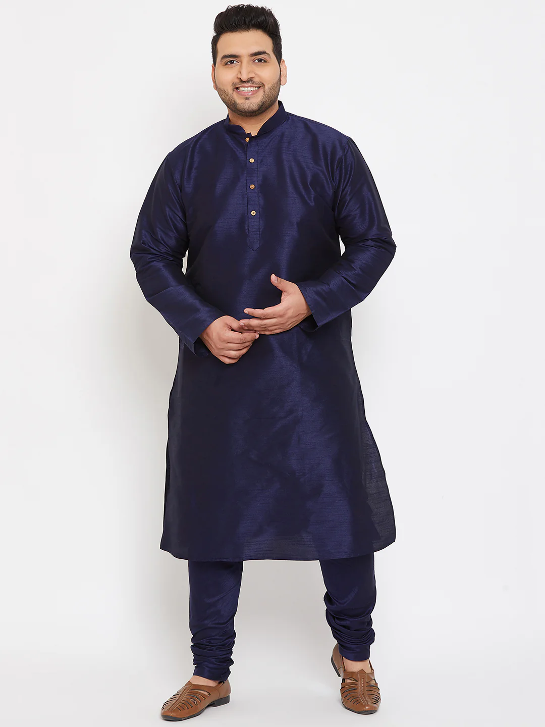 Men's Plus Size Navy Blue Silk Blend Kurta - Image 5