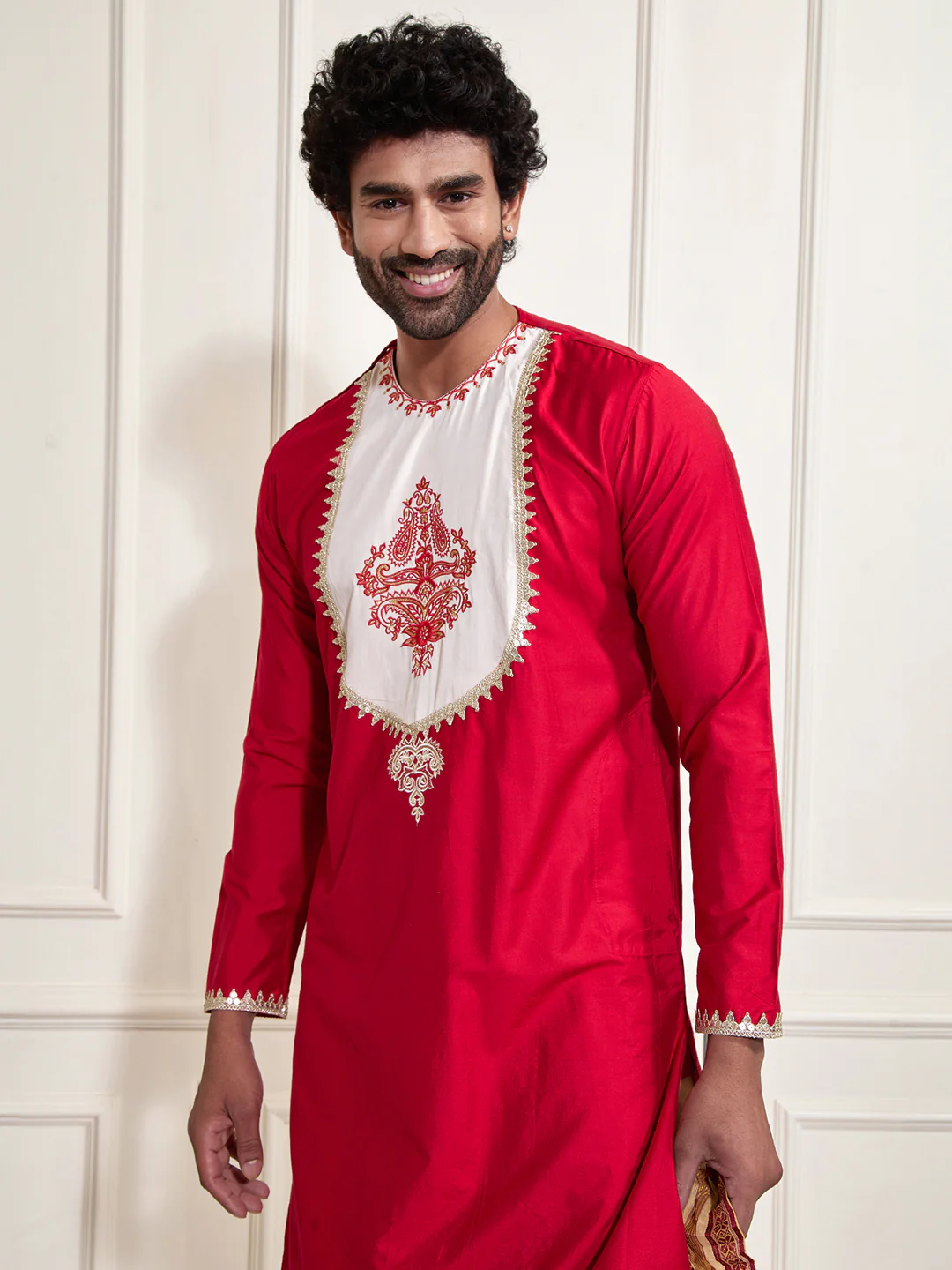 Men's Red Viscose Kurta And Dhoti Set - Image 3