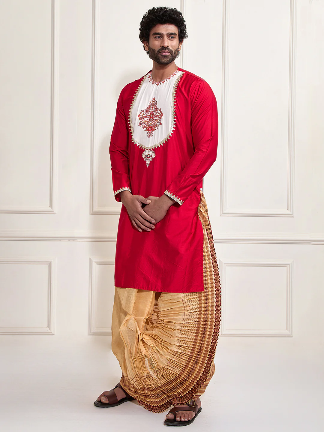 Men's Red Viscose Kurta And Dhoti Set - Image 4