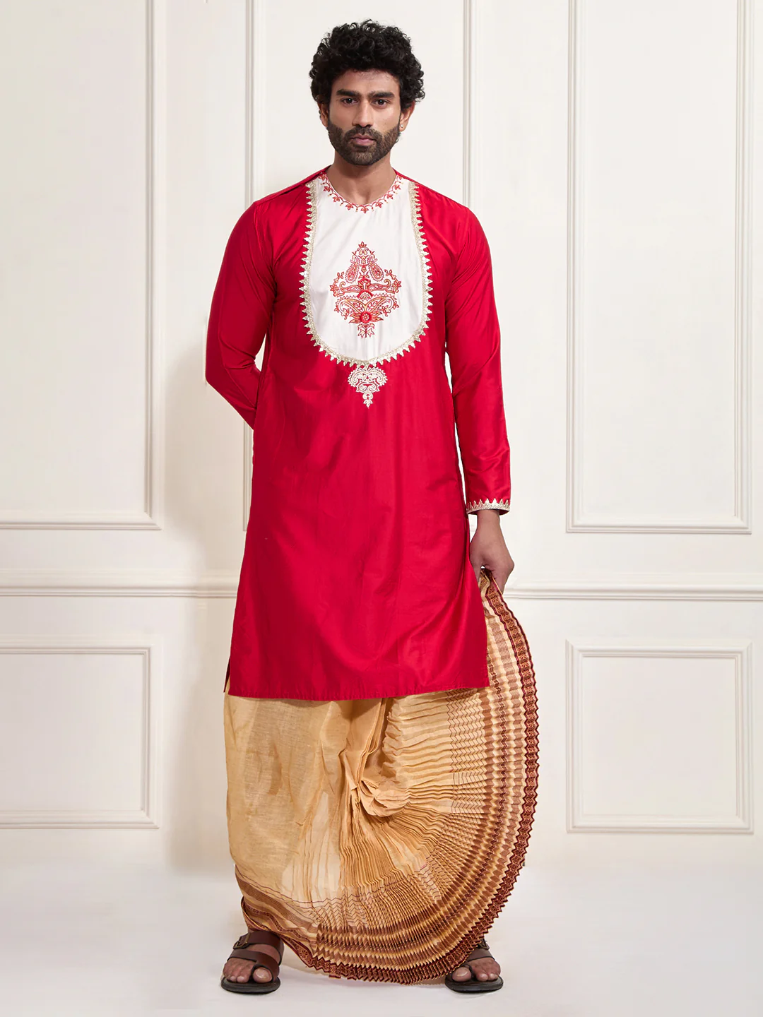 Men's Red Viscose Kurta And Dhoti Set - Image 6