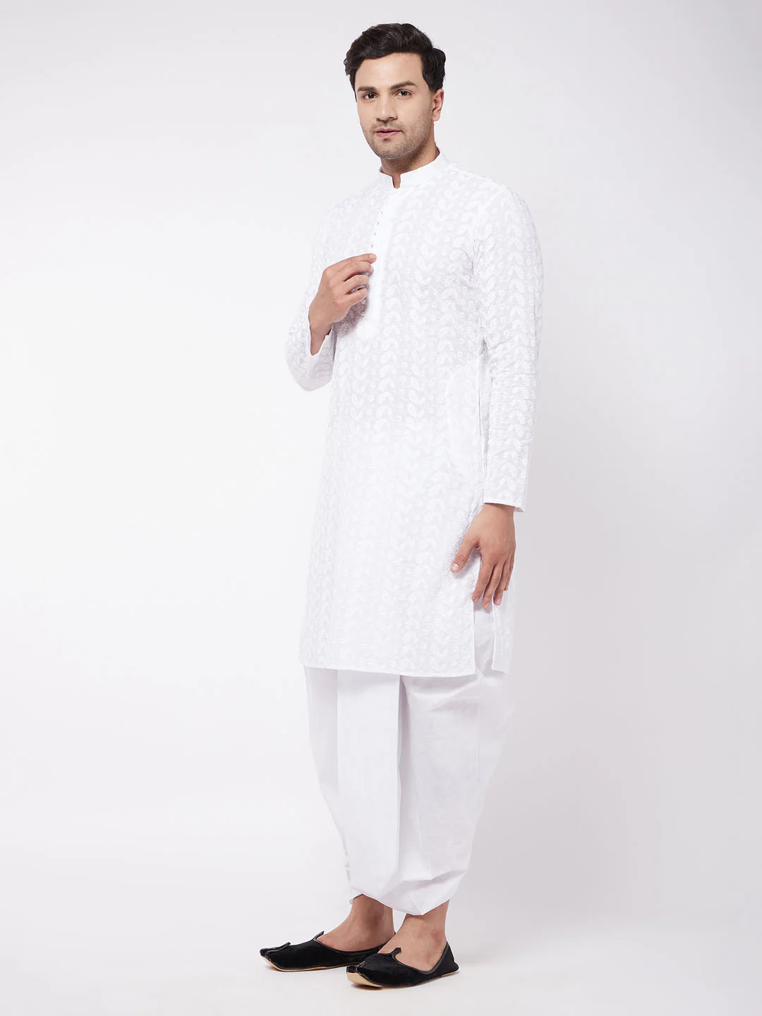 Men's White Pure Cotton Chikankari Kurta With Dhoti Set - Image 3