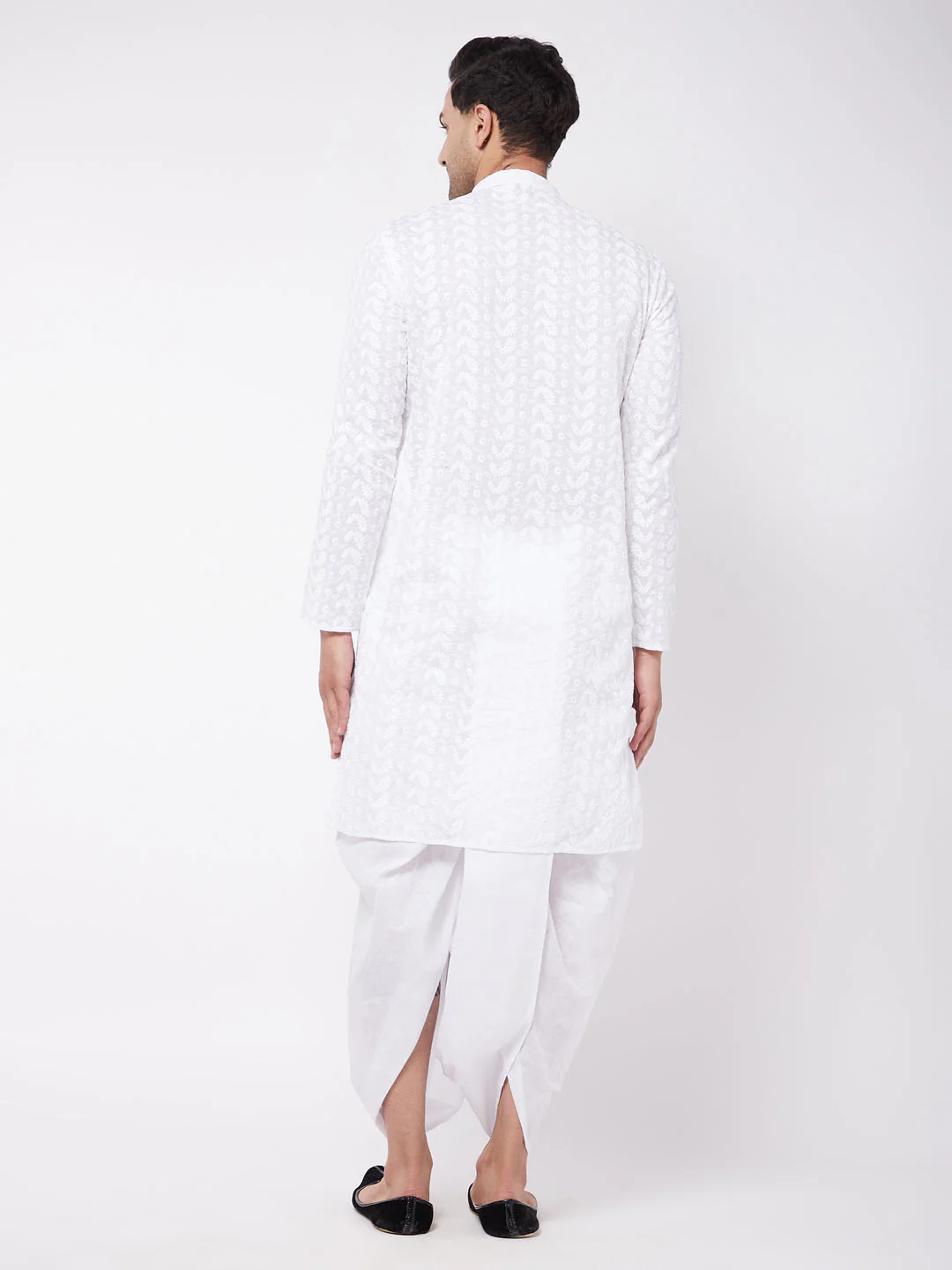 Men's White Pure Cotton Chikankari Kurta With Dhoti Set - Image 4