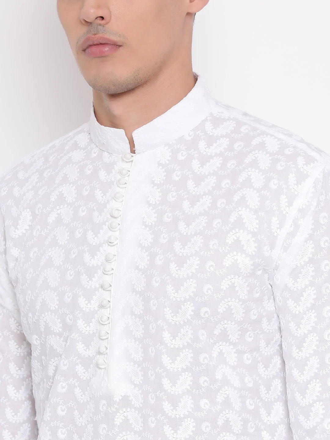 Men's White Pure Cotton Kurta Pyjama Set - Image 3
