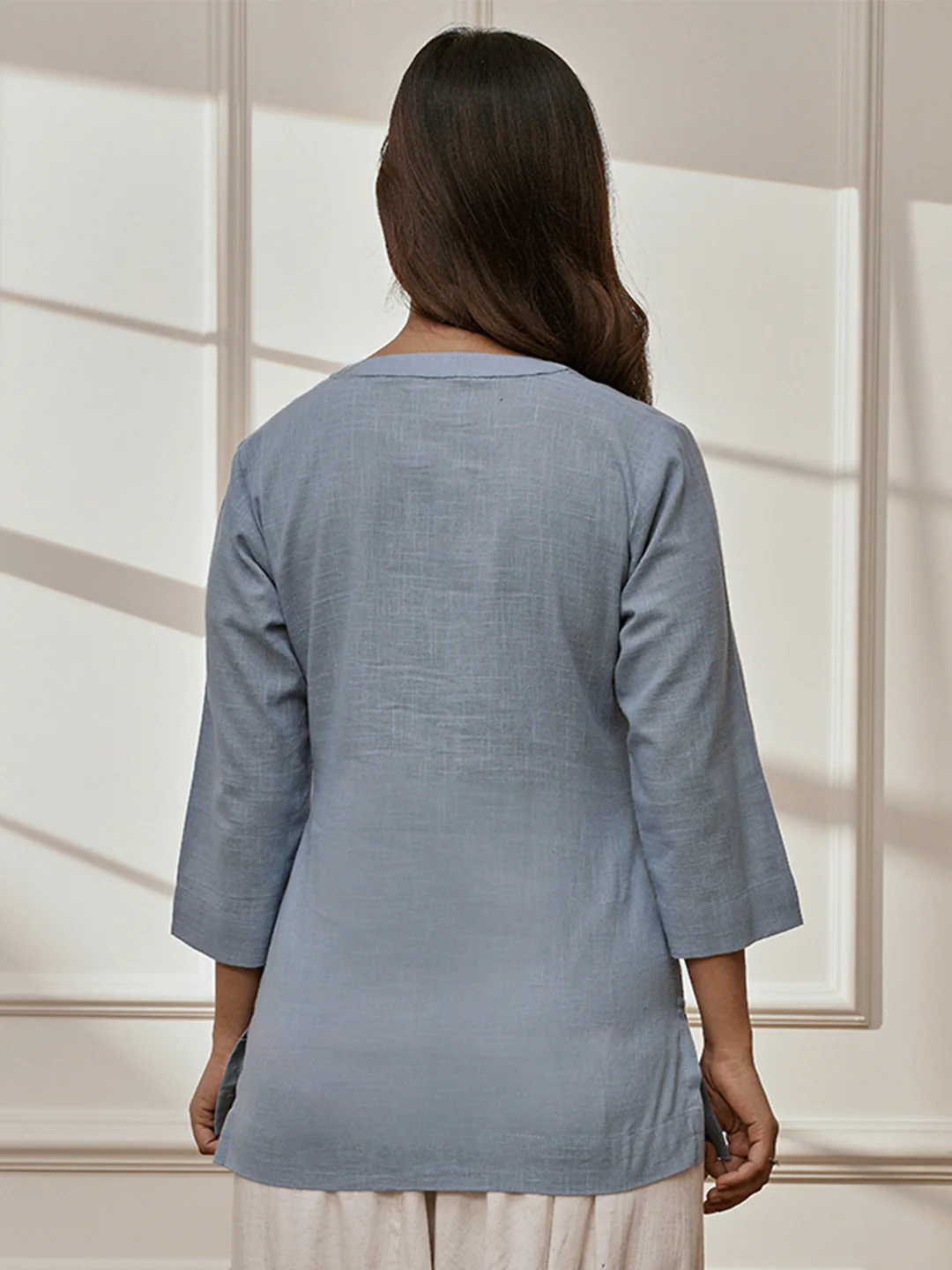 Women Aqua Cotton Linen Band Collar Yoga Kurta - Image 4