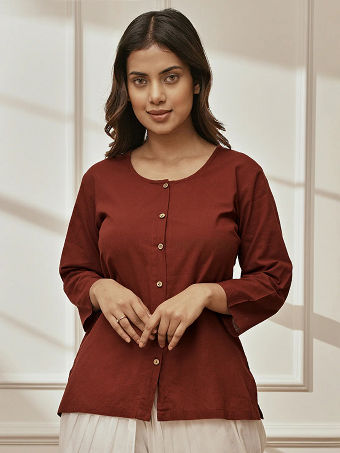 Women's Maroon Cambric Cotton Round Neck Yoga Kurta - Image 3