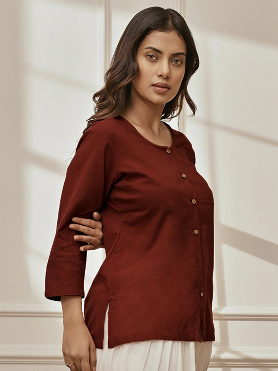 Women's Maroon Cambric Cotton Round Neck Yoga Kurta - Image 4