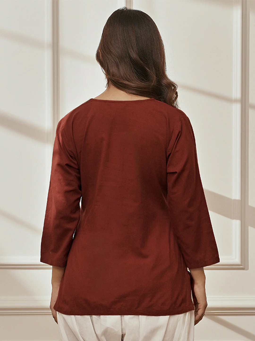 Women's Maroon Cambric Cotton Round Neck Yoga Kurta - Image 5