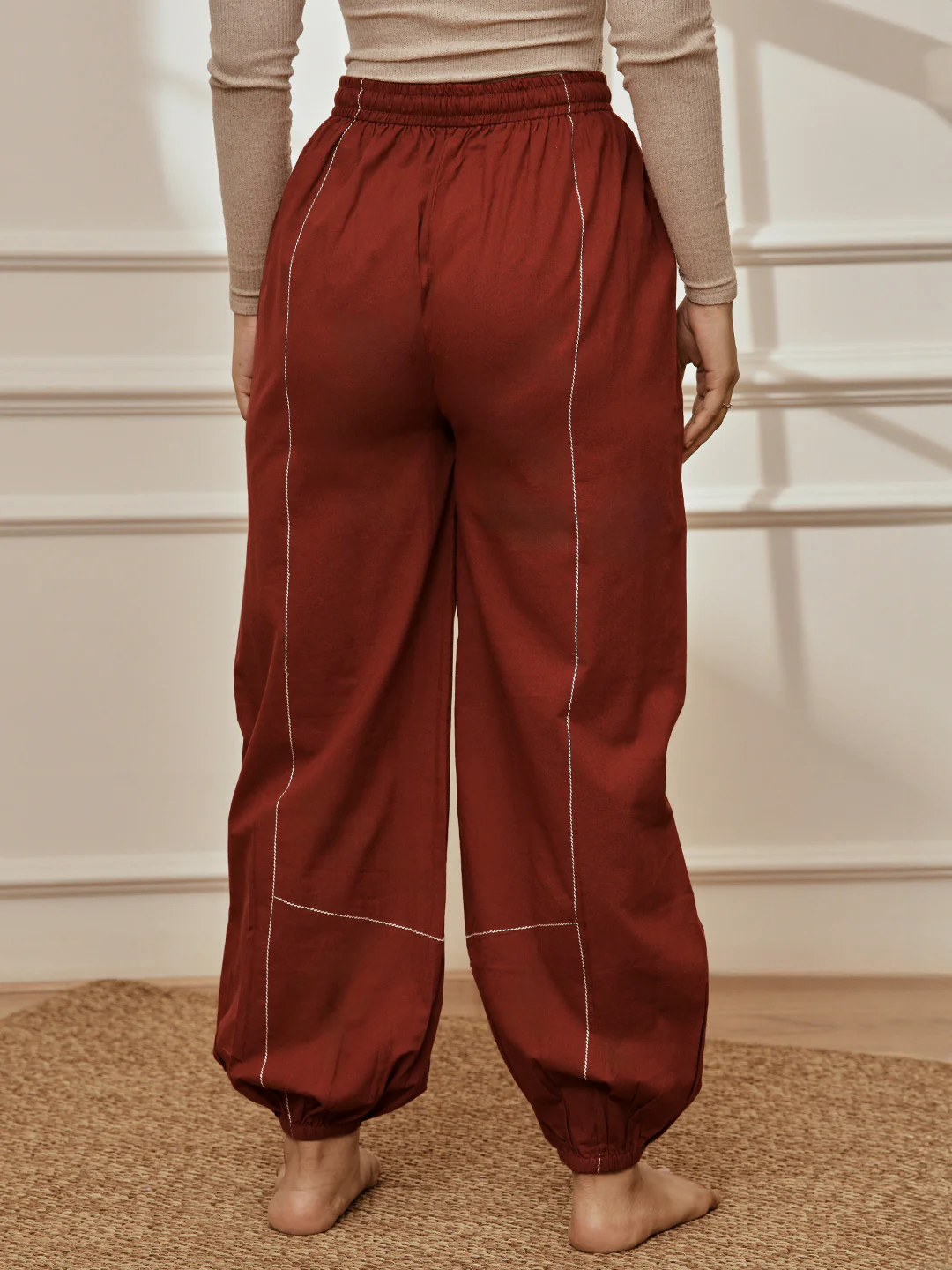 Women's Maroon Cambric Embroidered Joggers Yoga Pants - Image 3